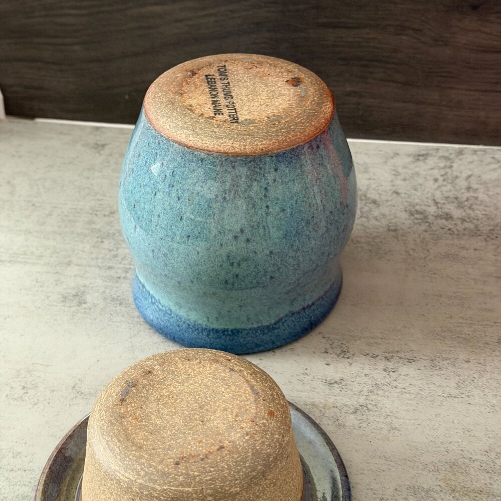 Vintage Studio Pottery Blue Butter Dip Chiller Tom's Thumb Pottery Lebanon ME - Picture 6 of 8
